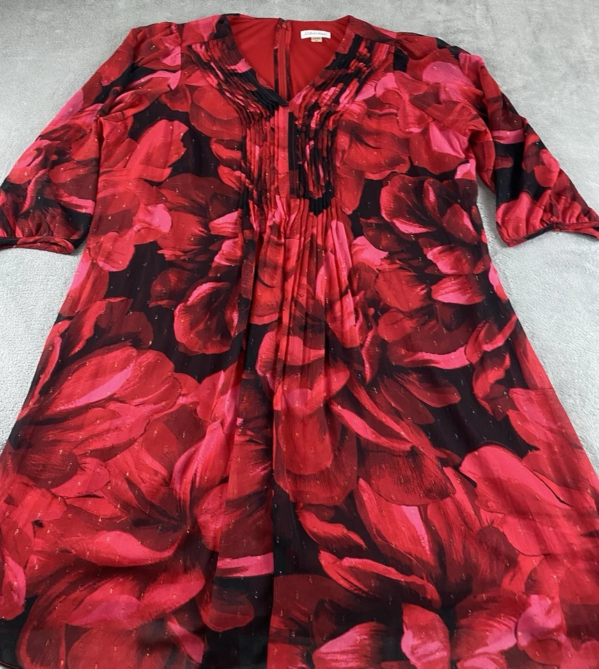 Calvin Klein Women’s Dress Sz 18W Red Black Zip Shimmer Pleated Glamour C20 - Image 2 of 4