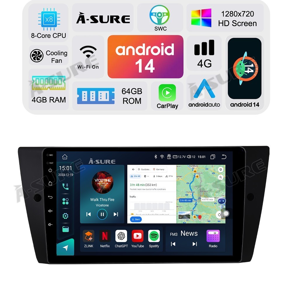 For BMW E9X 2005-2012 8-Core DAB+ Android 13 4+64G GPS Sat Nav Head Unit &Camera