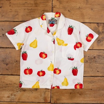 Vintage P J Salvage Fruit Print Shirt S Womens Button 90s Cotton Fruit White