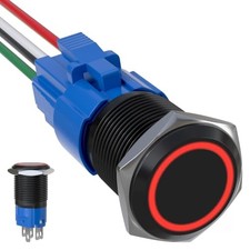 16mm Latching Push Button Switch 12V DC, IP65 Black Shell Black Shell-Red
