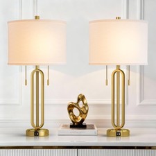 26.5" Set of 2 Industrial Table Lamps with USB C A Ports, Gold Metal Bedside...