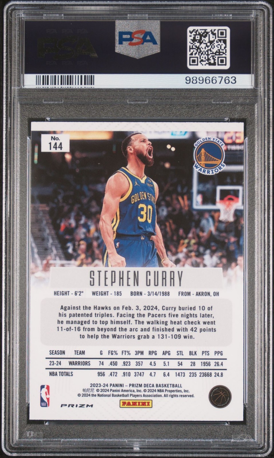 2023-24 Panini Prizm Deca Stephen Curry Silver Prizm PSA 10 Gem Mint Warriors view 2