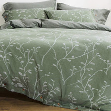 Duvet Cover Set King Washed Cotton Jacquard Green White Floral 3 Piece Bedding