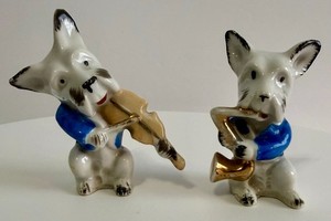 Vintage 2 Highland Terrier Dog Figures Playing Jazz Instruments Signed Japan