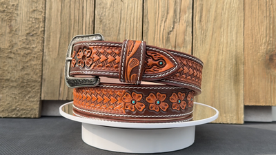 Western Belt For Men Cowboy Full Grain Leather Hand Tooled  display picture 1