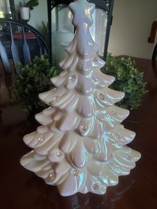 12 1/2" Ceramic Battery Light Up White iridescent color changing Christmas Tree