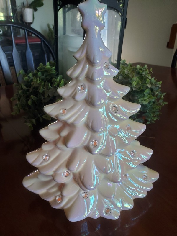 12 1/2" Ceramic Battery Light Up White iridescent color changing Christmas Tree