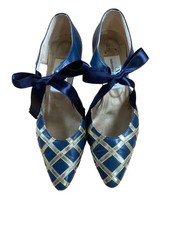 Valentino Garavani Pumps Navy Gold Leather Satin Ribbon Women's EU36.5/US6.5