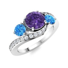 Round Amethyst  Swiss Blue Topaz 925 Sterling Silver Three Stone Women Ring