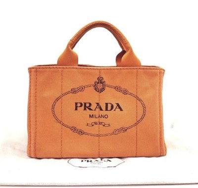 PRADA Tote Orange Logo Gold Hardware Top Handle Zipper Snap Dust Bag Women
