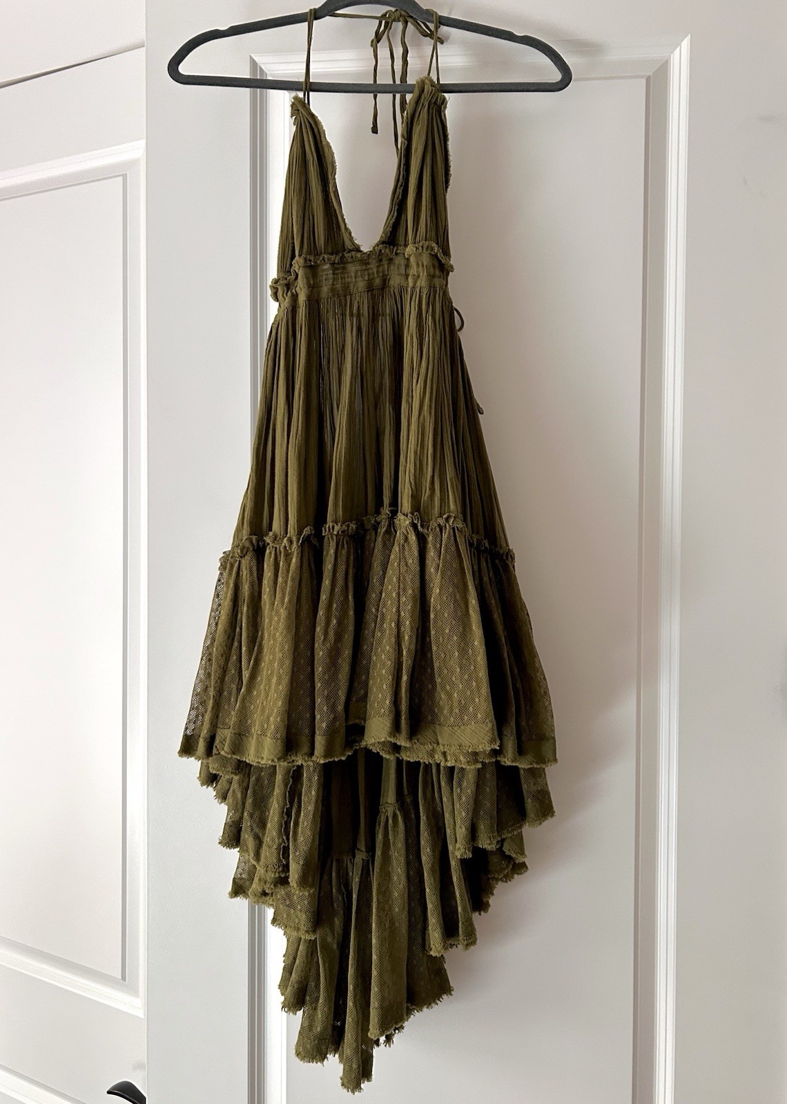 Vestido Pañuelo Alto Bajo Halter Gasa Verde Oliva Free People M Boho
