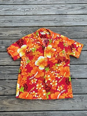 VTG Royal Hawaiian Barkcloth Shirt Orange Hibiscus Tiki Camp Shirt Loop Collar