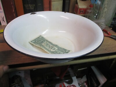 vintage WHITE BLACK  porcelain enamelware 12'' FACE PAN WASH basin bowl mid 1900 