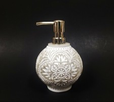 NEW BEIGE CARVED FLORAL RESIN SPHERE+SILVER CHROME PUMP SOAP,LOTION DISPENSER