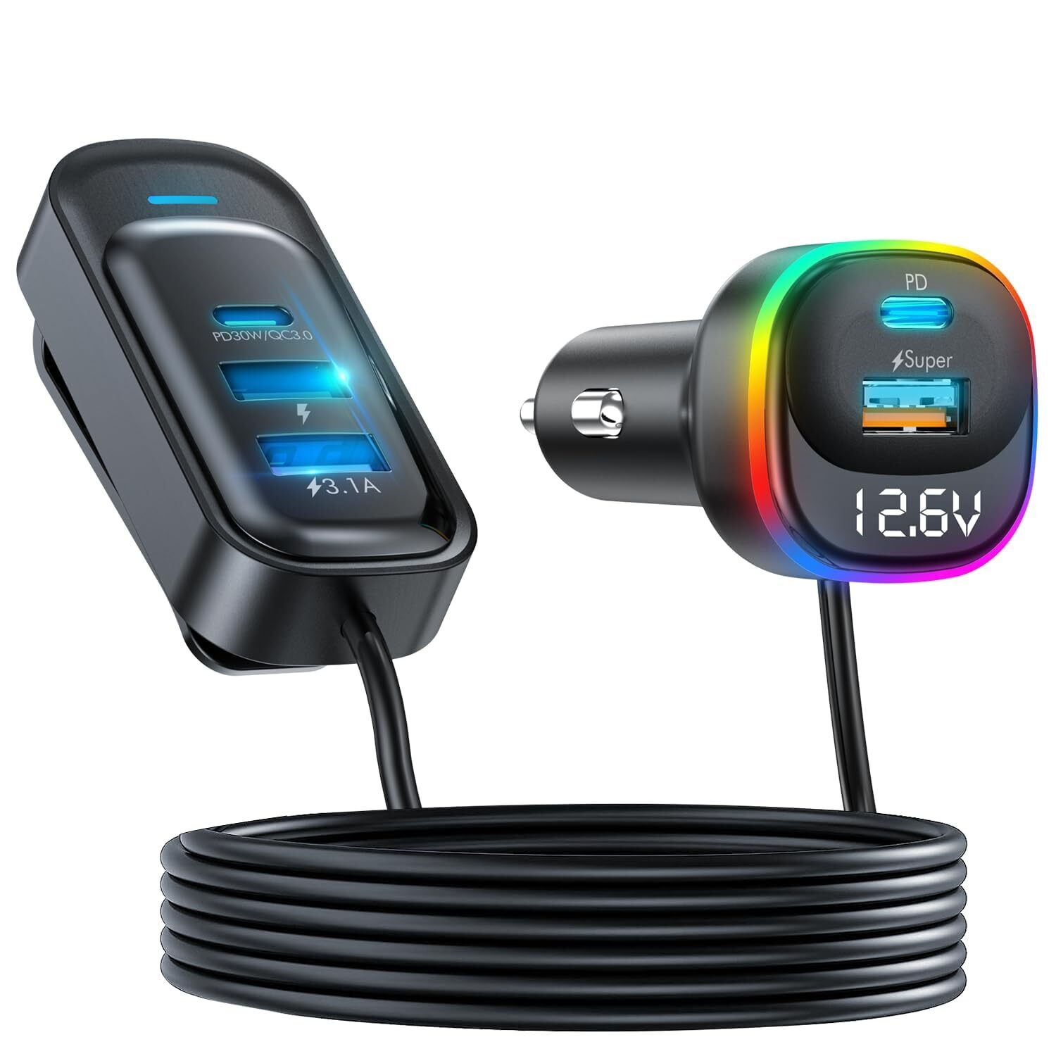 Car USB Charger Multi Port with 5FT Cable,105W Fast Charging Car Charger Adap...