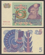 SWEDEN  P.51b  5 KRONOR 1970  ALMOST UNCIRCULATED-UNCIRCULATED  LOW SHIPPING