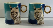 Anthropologie Lauren Walcott Llama Mugs Gold Handle 4"  - Set of 2