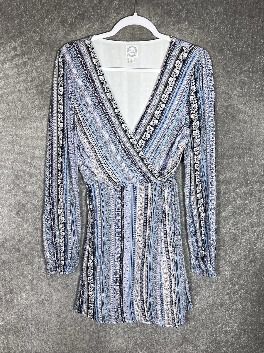 Francescas Blue Rain Wrap Dress Womens Sz XL Boho Romantic Floral Swiss Dot  | eBay