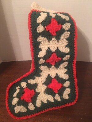 VTG Christmas Granny Square Hand Crocheted Christmas Stocking Green Red White