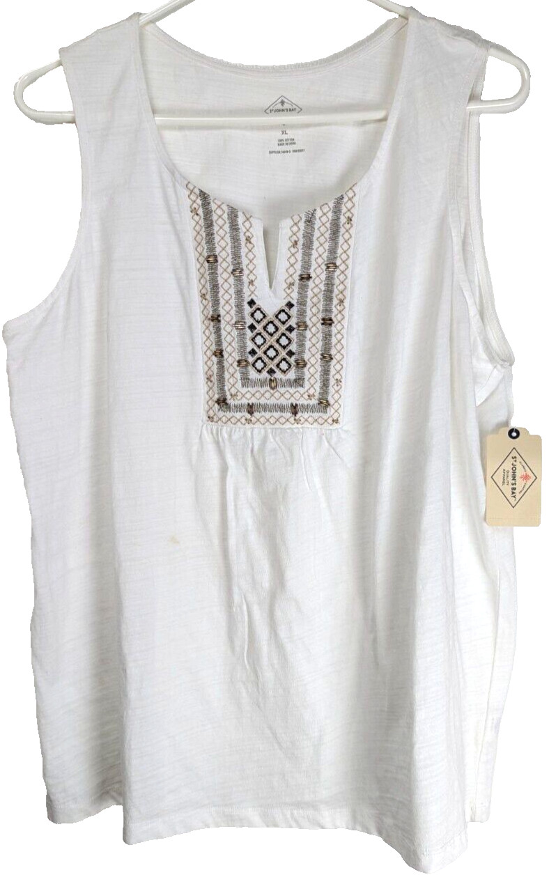 St. John's Bay Womens Split V Neck Sleeveless Tank Top White Beaded Size XL NWT