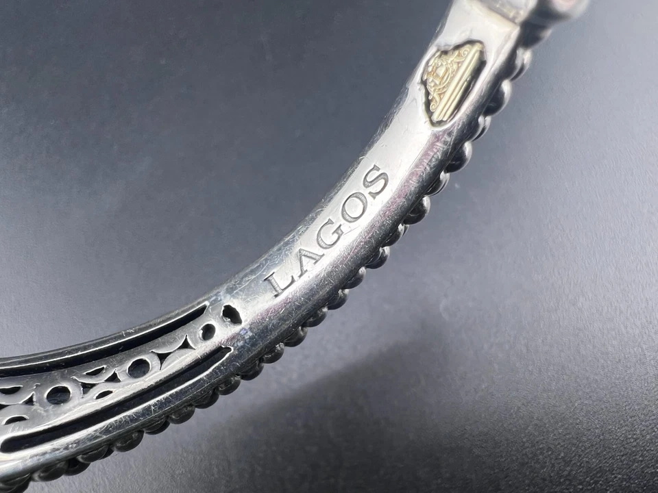 PULSERA LAGOS PLATA ESTERLINA 925 ORO AMARILLO 18K CAVIAR TOPACIO BLANCO BRAZALETE BISAGRA Foto 2 de 4