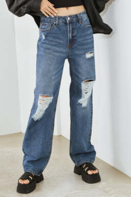 NEW - Medium Blue Denim Five Pocket Distressed High Waist Jeans