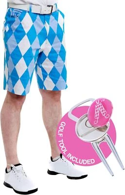 Royal and Awesome Men`s Golf Shorts Old Tom`s Blue Diamond Shorts + Tool W 30-44 - Image 1 of 4