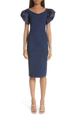 CHIARA BONI La Petite Navy Blue Puff Sleeve Off Shoulder Stretch Dress 40 = 4 US