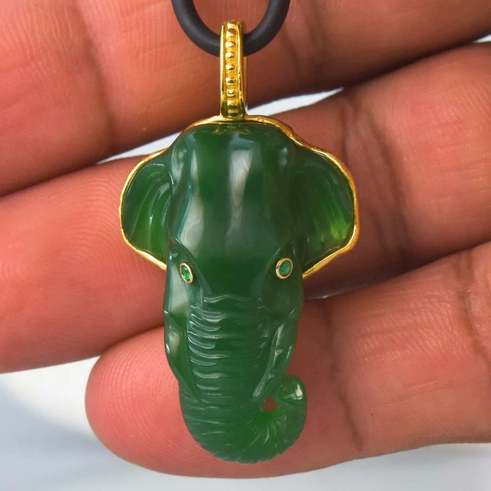 Gold Vermeil Sterling Smaragd Grün Chalzedon Asiatisch Elefant Anhänger 10.27 G - Bild 4 von 4
