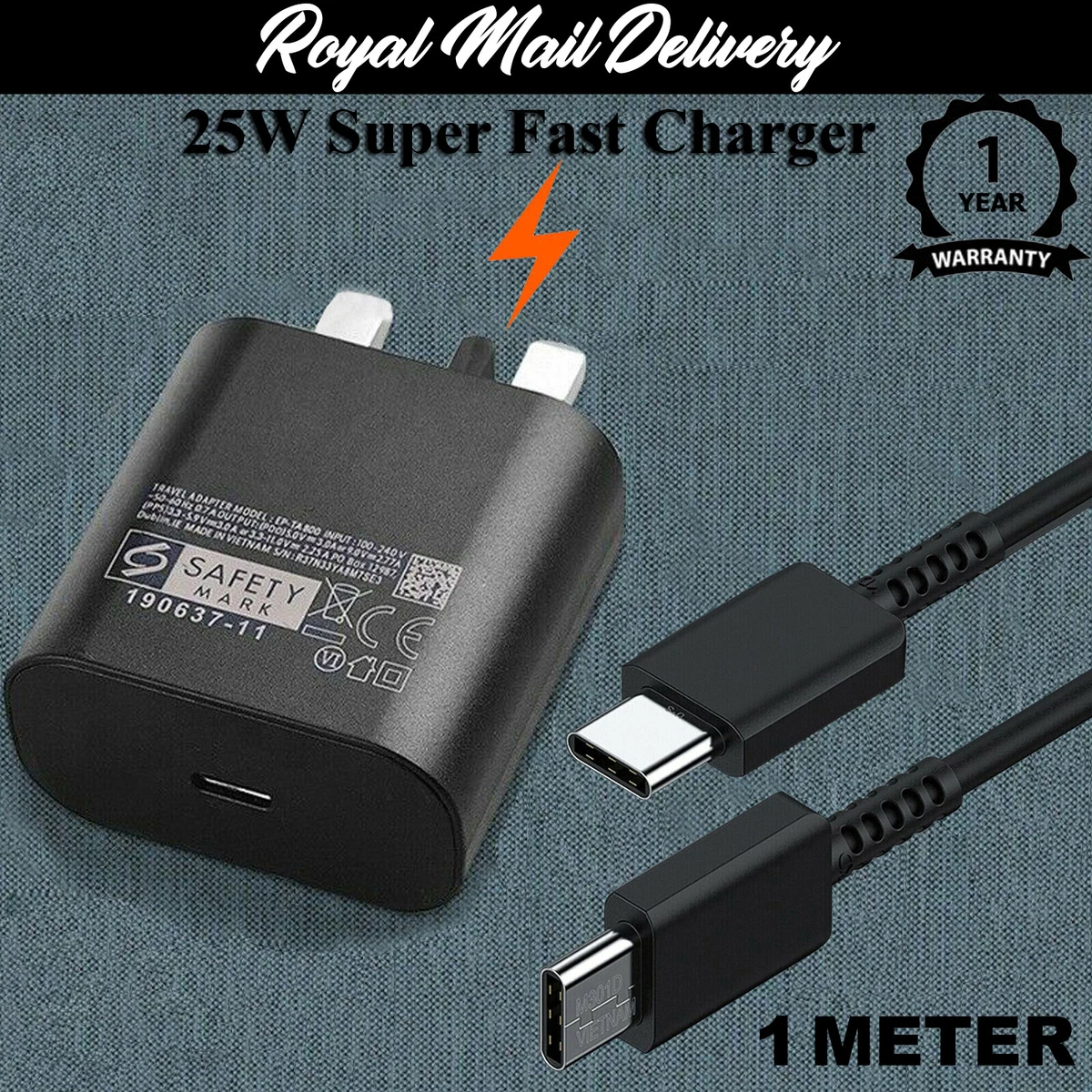 Genuine Super Fast 25W Charger Adapter USB C To C Cable For All Samsung Phones