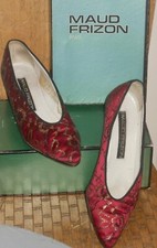 RED SATIN PUMPS W/GOLD BLACK LACE MAUD FRIZON sz 8.5-PARIS-AUDREY HEPURN LIKE