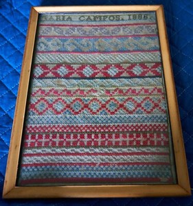 1888 rare  cross stitch sampler framed by Maria Campos