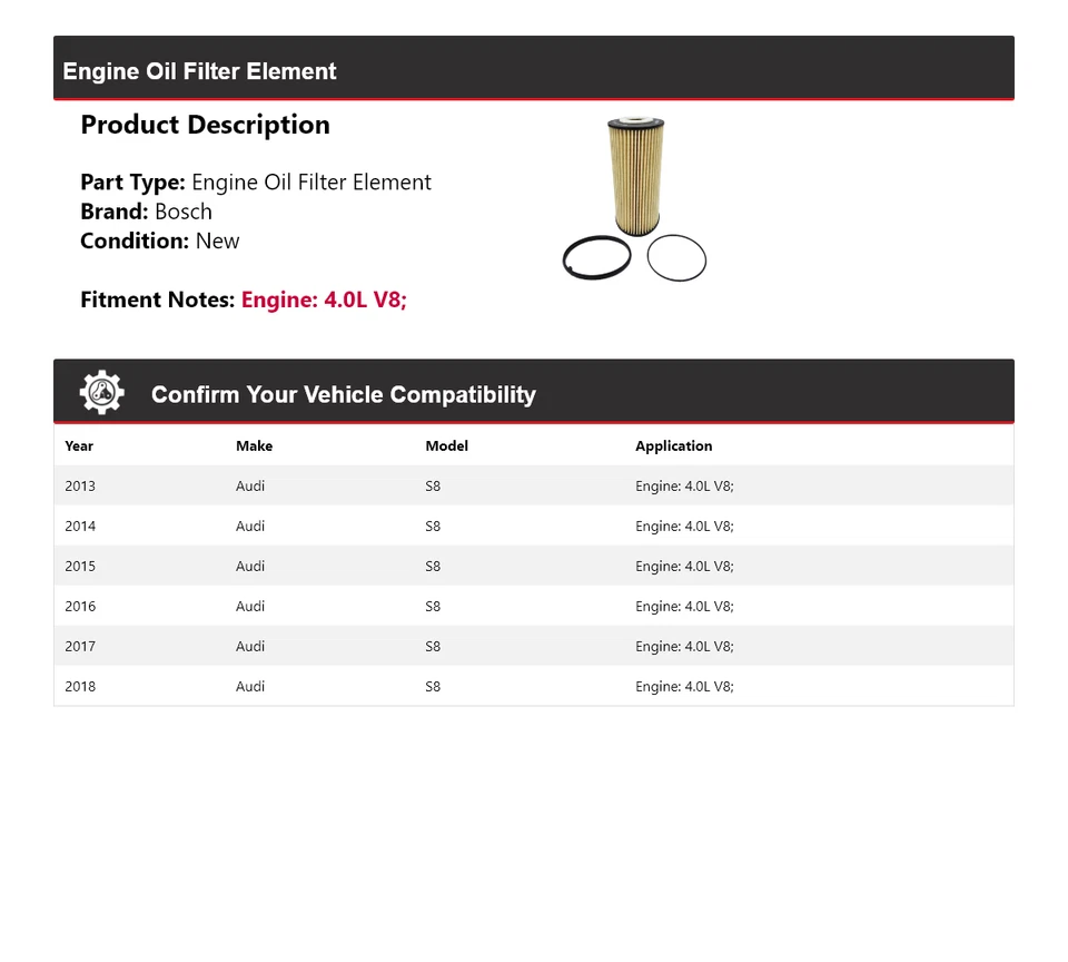 Filtro de aceite Bosch Premium 2014 2015 2016 2017 para Audi S8 2013-2018 4,0 L V8 Foto 2 de 3