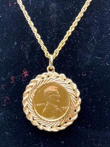 Authentic 14 KT  GOLD PLATED GENUINE US PENNY COIN W/ 24" 14KT GOLD PLATED ROPE CHAIN