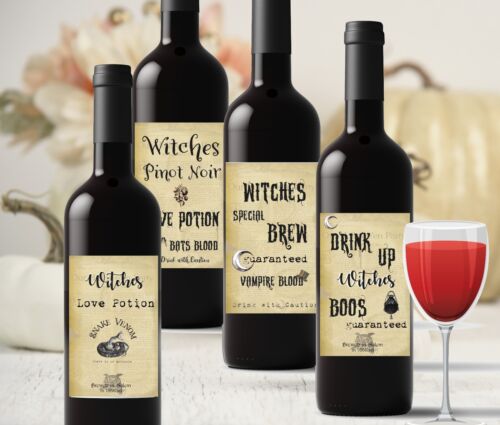 4 Halloween Wine Soda Bottle Labels Party Witches Pinot Noir Stickers Love Potio - Afbeelding 1 van 4
