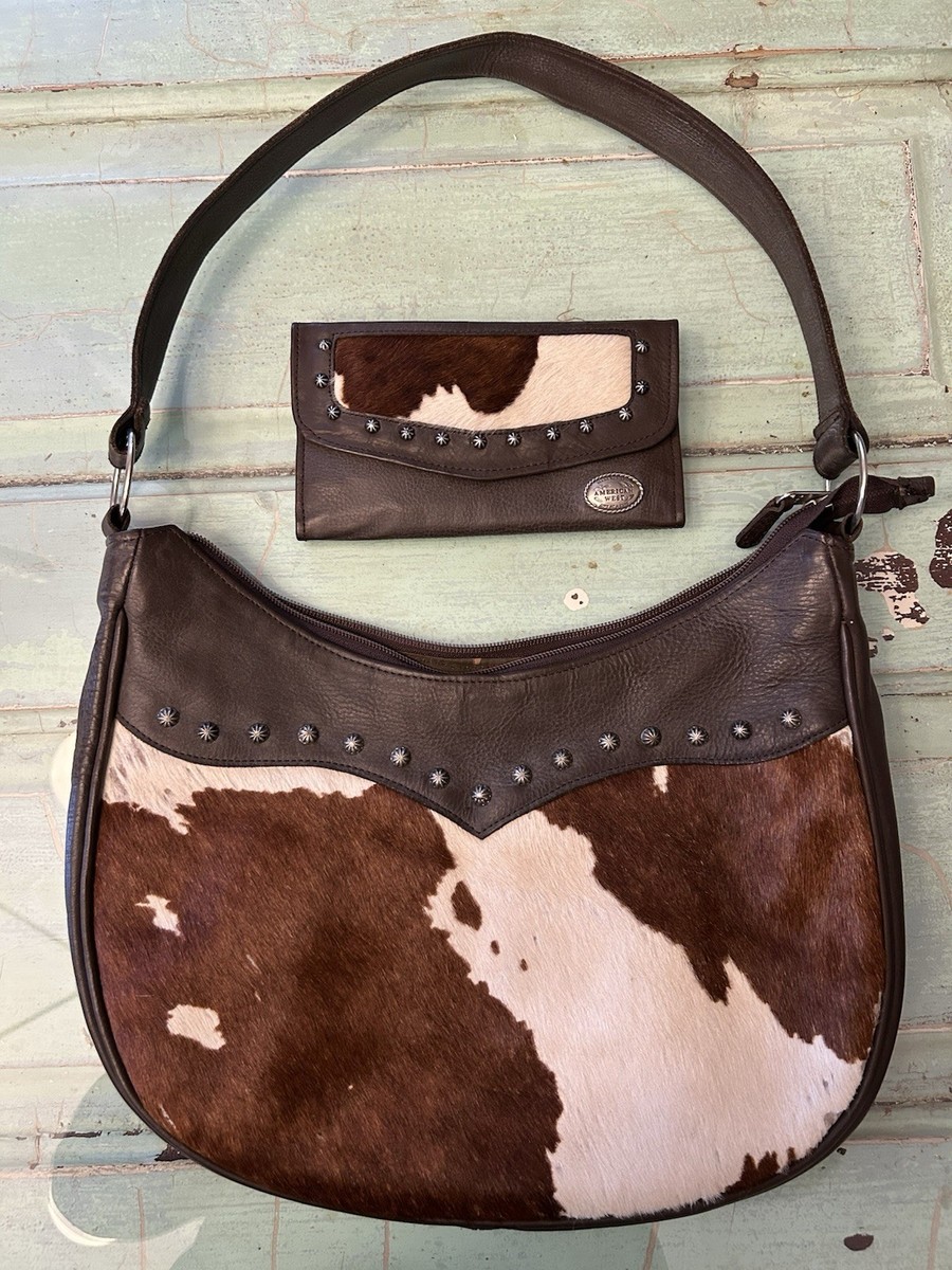 Vintage American West Cow Hide Brown Leather Pony Hair Fur Bag Wallet Set