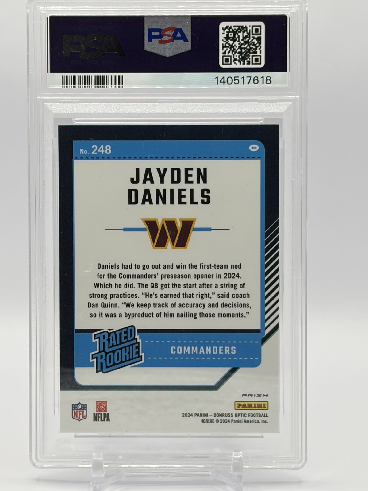 Jayden Daniels RC Red Hyper 2024 Panini Donruss Optic PSA 10 - Commanders view 2