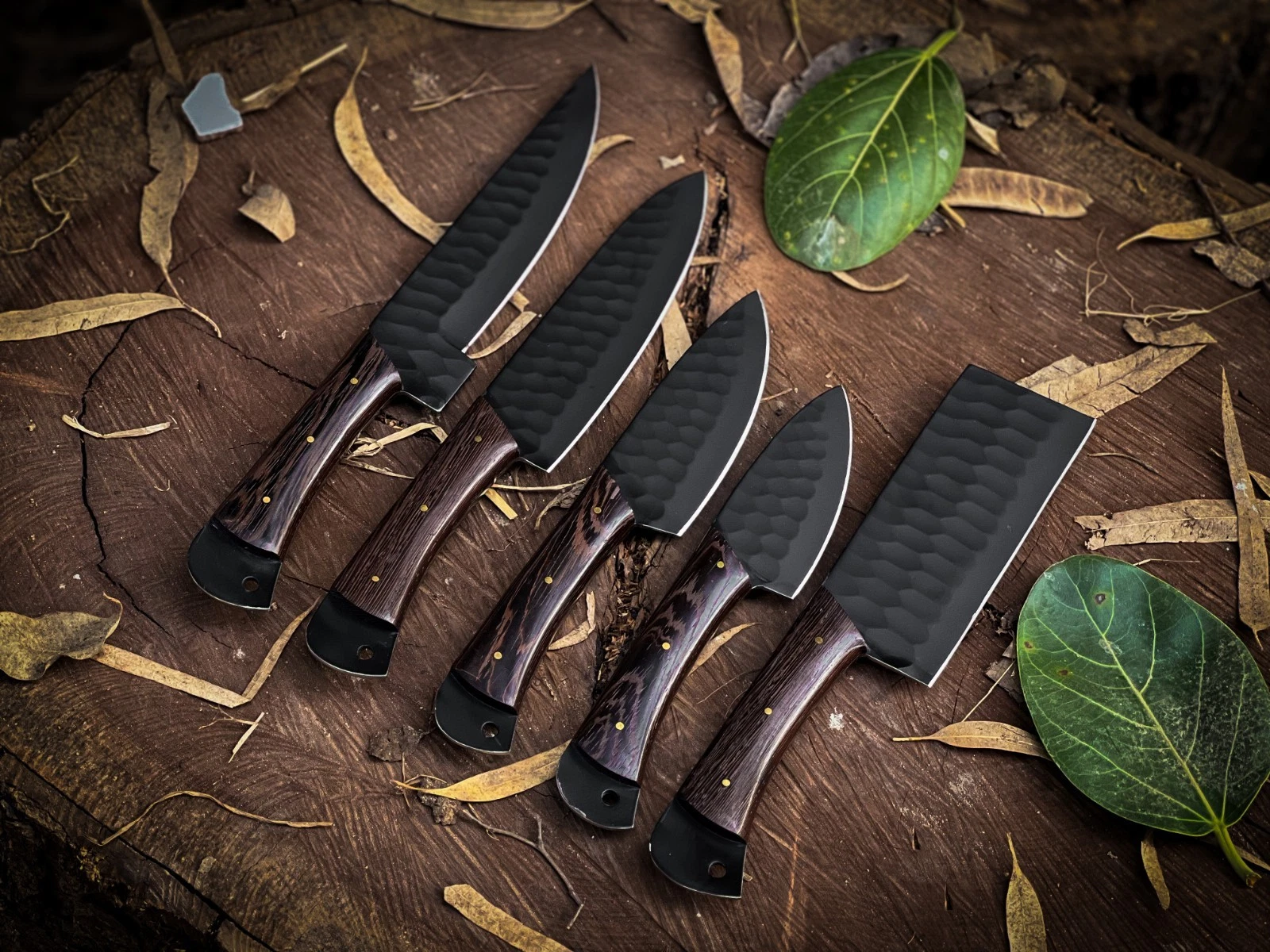 Premium Handcrafted Stainless Steel Chef Knife Set – Wood Handle + Leather Roll