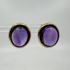 14k Yellow Gold Oval Purple Amethyst Cabochon Post Earrings Vintage 14mm X 12mm
