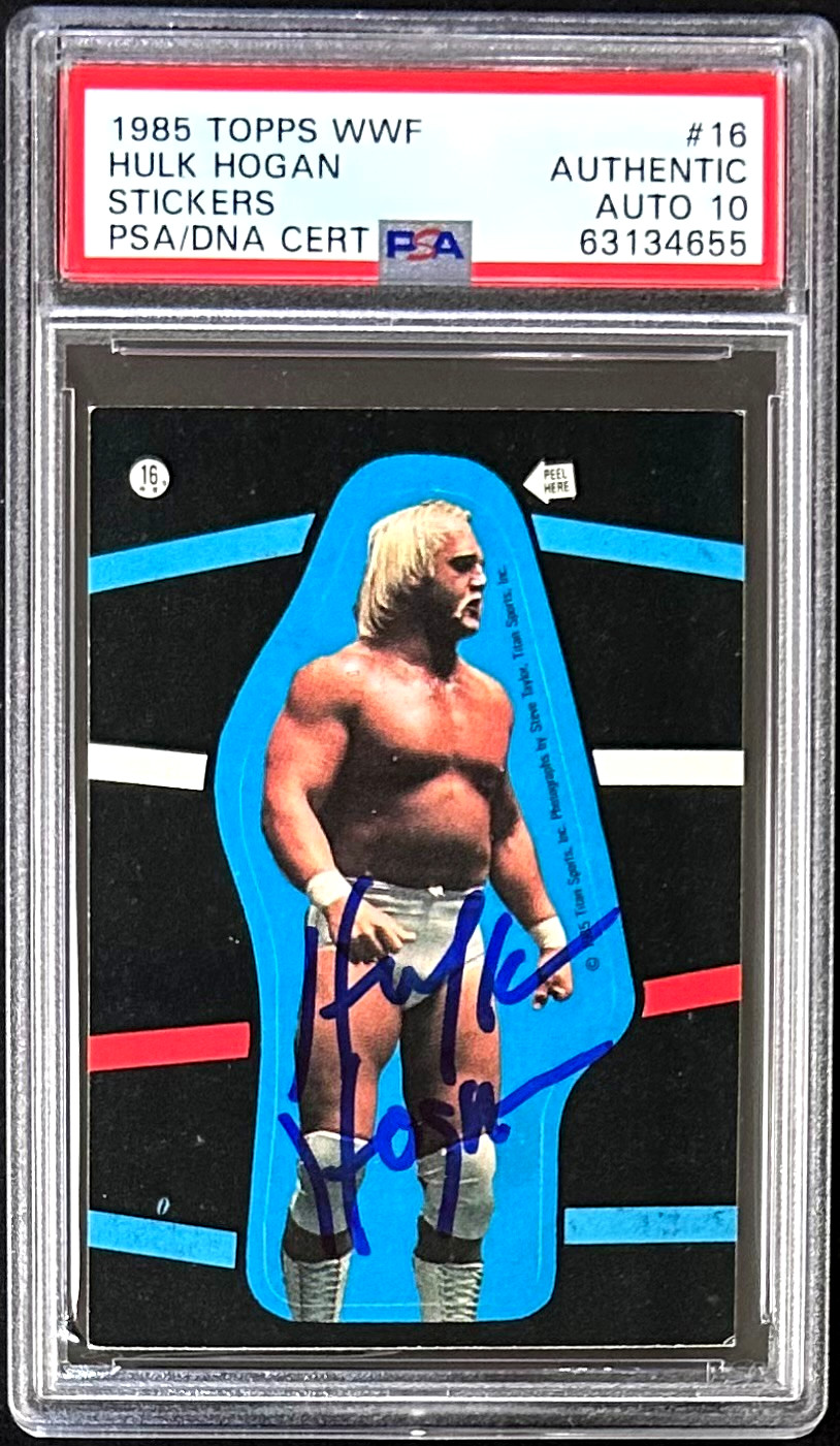 Hulk Hogan Signed 1985 Topps WWF Sticker Card #16 PSA/DNA 63134655 Auto 10