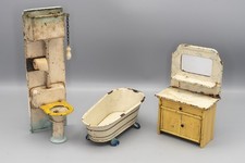 Antique Dolls House Tin Bath, High Cistern Toilet & Wash Stand