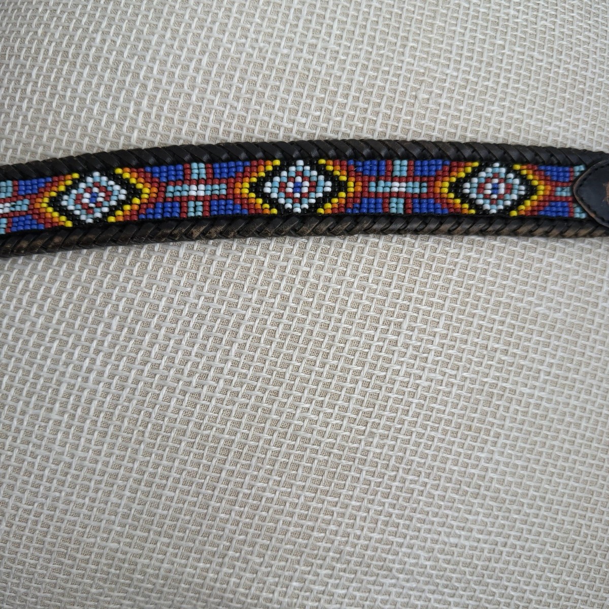 VTG Beaded Leather Belt Size 30 Southwestern Aztec Silver  display picture 3
