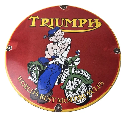 Vintage Triumph Sign - Porcelain Automobiles Popeye Original Gas Oil Pump Sign