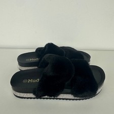 Mudd Womens Lauren Rhinestone Fuzzy Faux Fur Black Sandal Slide Slippers 36