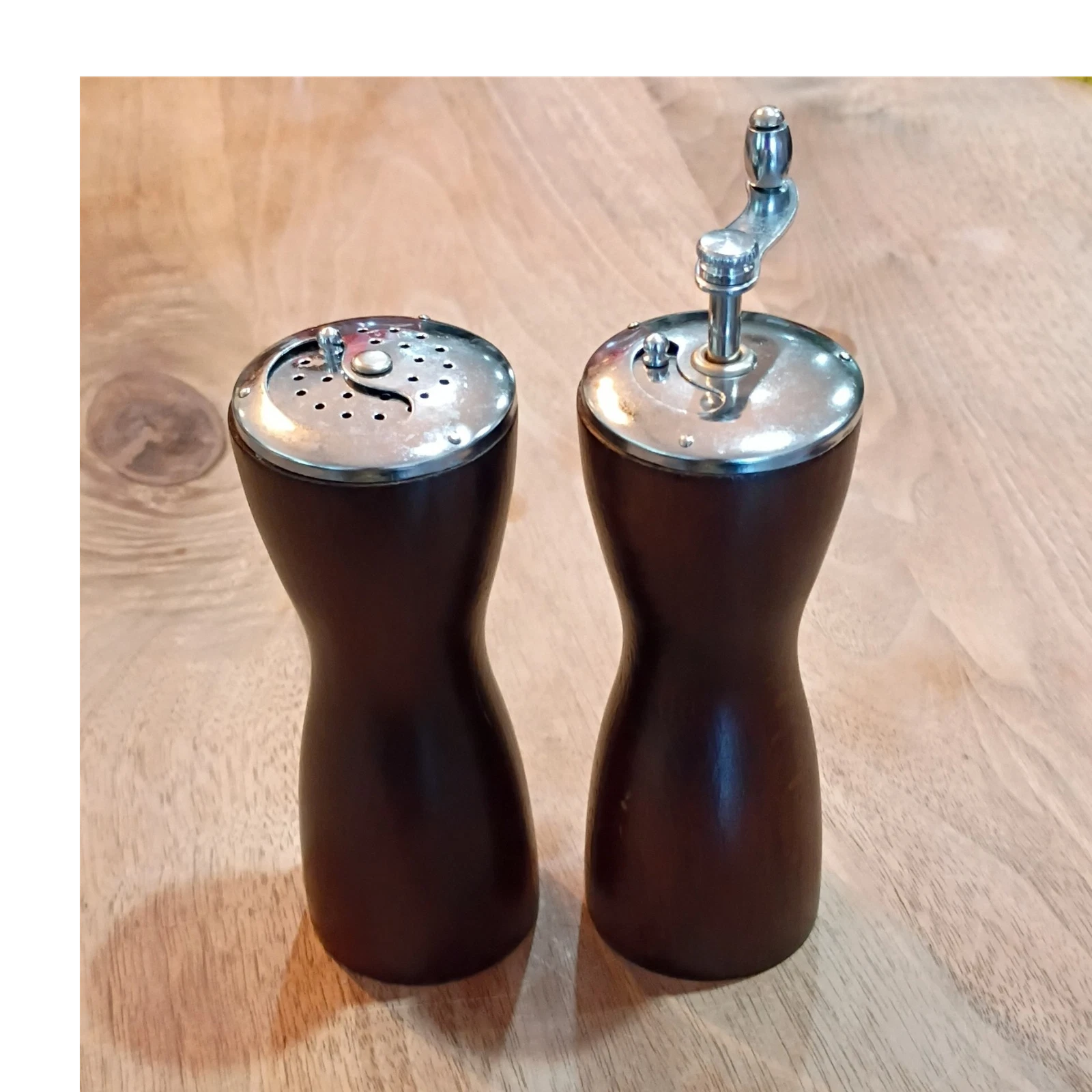 Vintage MCM Wood & Metal Salt and Pepper Mill Set Japan