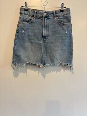 Bershka Rock Jeansrock S 36 Blau Kurz Minirock Denim Fransen Destroyed Damen