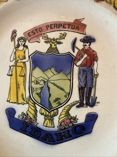 IDAHO 1900's Flow Blue State Of Idaho Motto Plate 10.5" - Luneville France