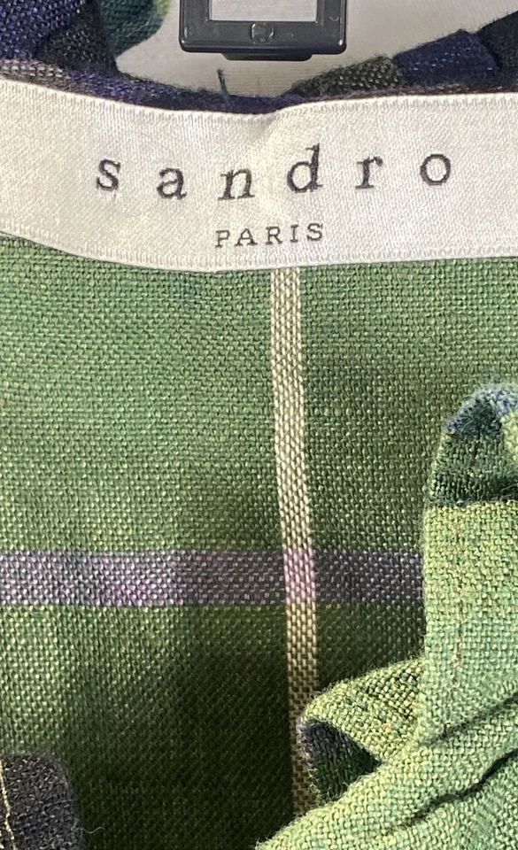 Sandro Robin Green Purple Plaid Ruffle Neck Linen Blend Shirt Dress Women's 2 M - Image 3 of 4