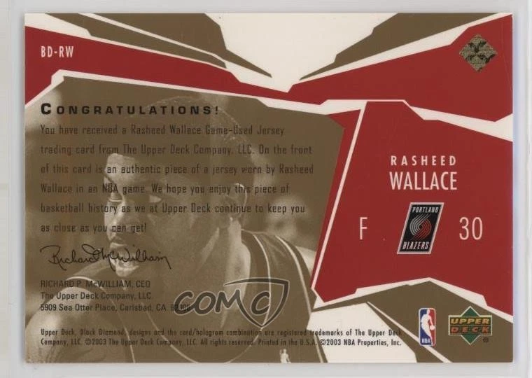 2003-04 Upper Deck Black Diamond Jersey Single Gold /100 Rasheed Wallace #BD-RW - Image 2 of 2