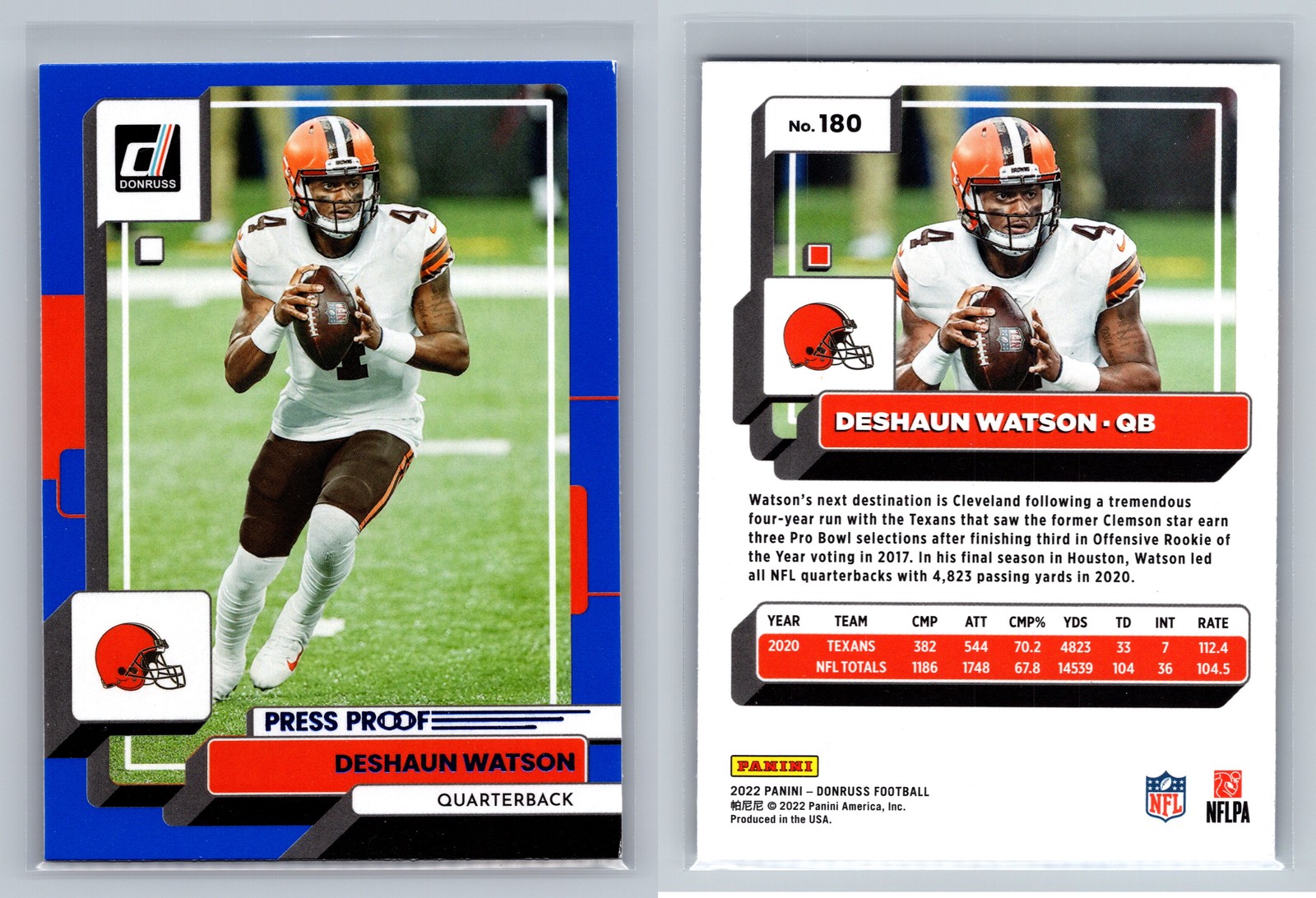 2022 Donruss #180 Deshaun Watson Blue Press Proof